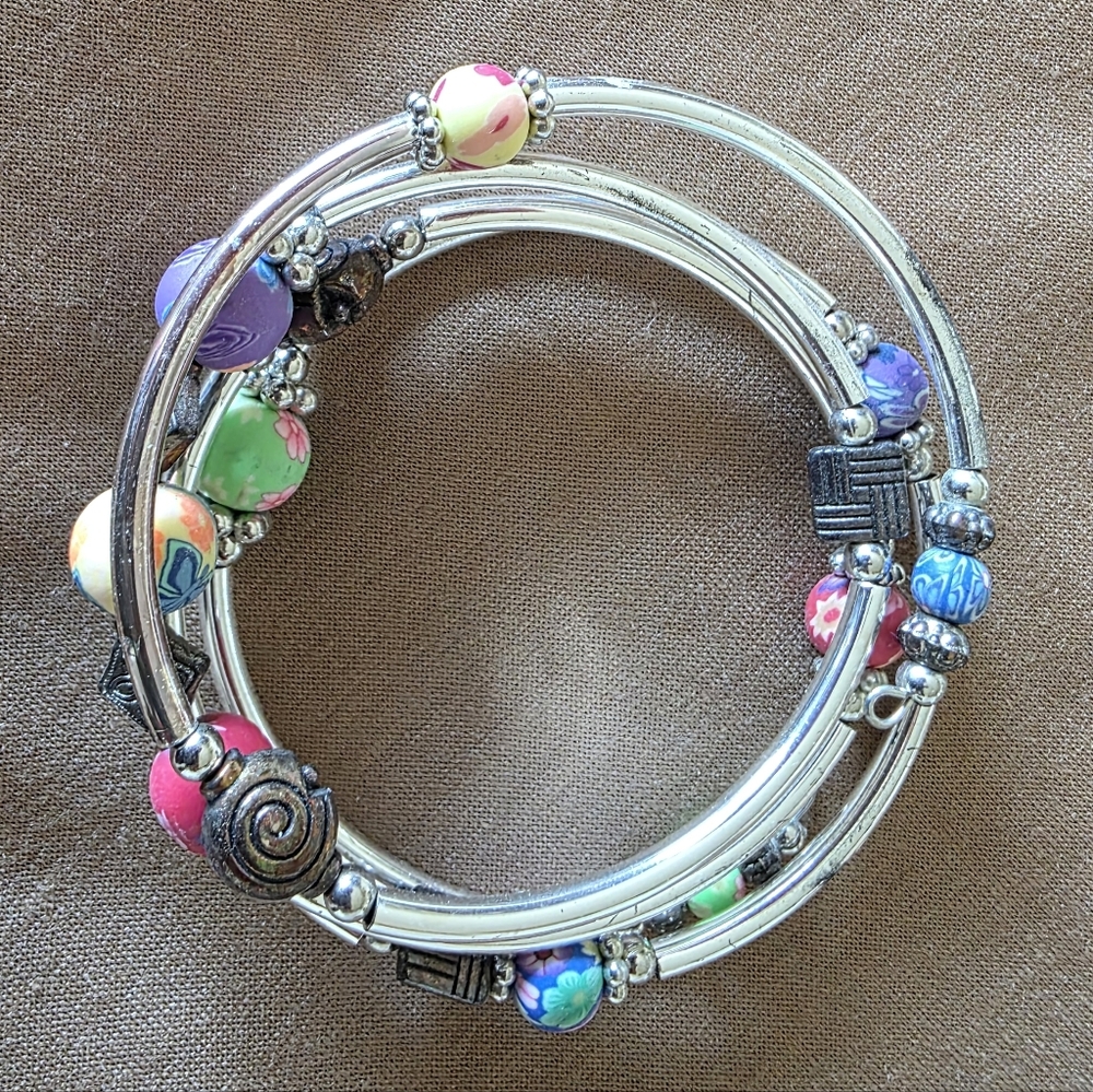Colorful Beaded Silver Wrap Bracelet